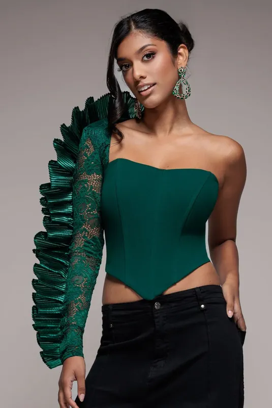 One Shoulder Fan Pleat Frill Corset Top - Goddiva