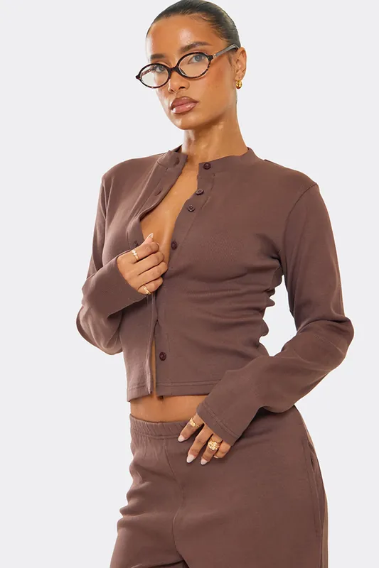 Fitted Long Sleeve Button Ribbed Top - EGO
