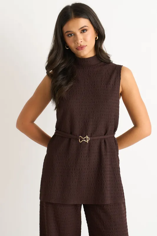 Chocolate Funnel Neck Textured Jersey Tabard Top - Gini London