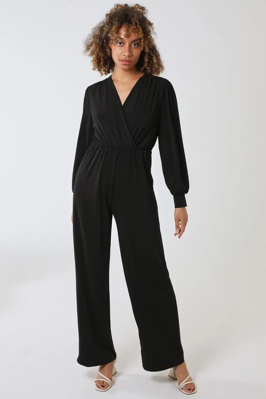 Elasticated Waist Crossover Long Sleeve Jumpsuit - Blue Vanilla