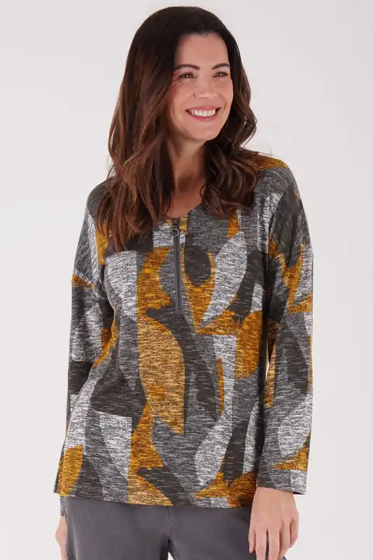 All-over abstract print V neck top