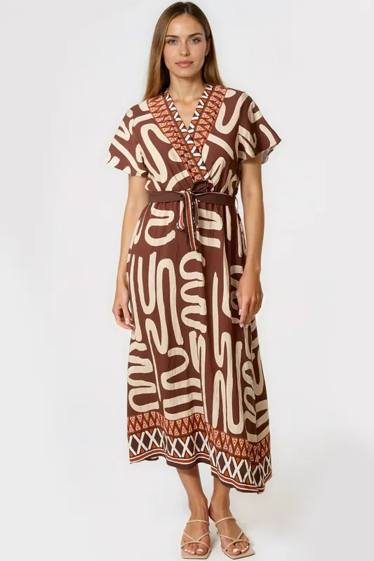 Brown Abstract Print Wrap Midi Dress - Aftershock London