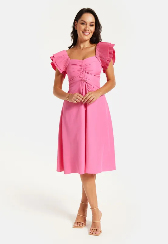 Frill Sleeves Midi Dress in Pink With Ruching Front - Liquorish