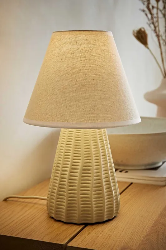 Saskia Natural Textured Ceramic Table Lamp with Linen Tapered Lamp Shade - ValueLights