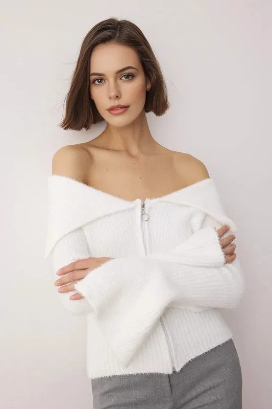 Soft Textured Turn-Down Collar Zip-Front Knit Sleeves Cardigan