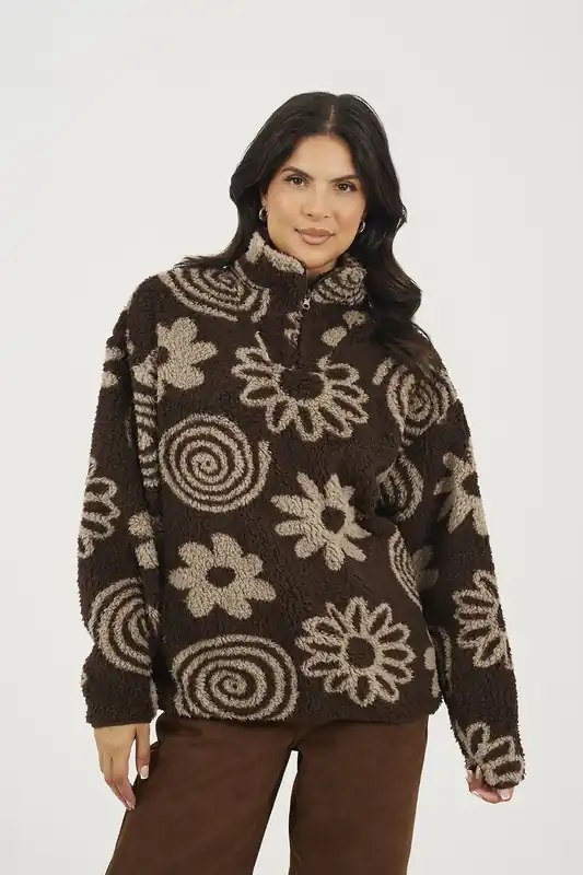 Quarter Zip Flower Print Sherpa Fleece - Brave Soul