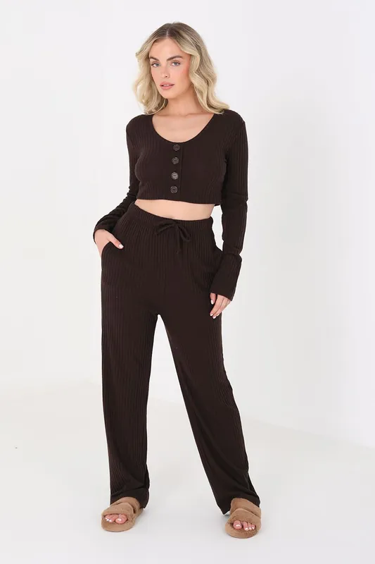 Cropped Long Sleeve & Wide Leg Lounge Set - Brave Soul