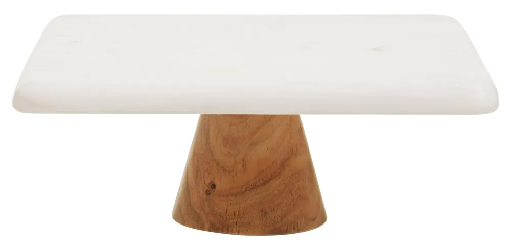 Monzaro White Marble And Acacia Wood Cake Stand - Orsina