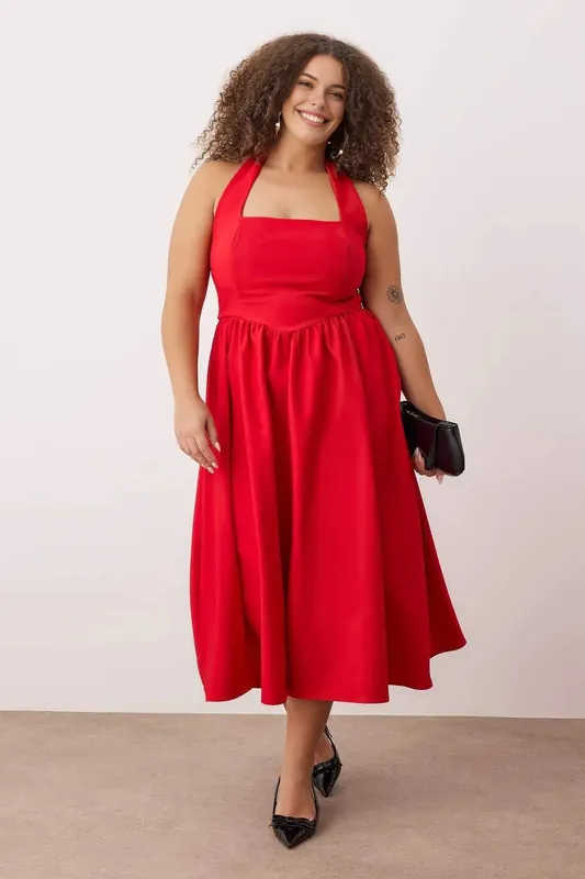 Halter Neck Square Neck Midi Dress with Gathered Skirt - WOVCOR