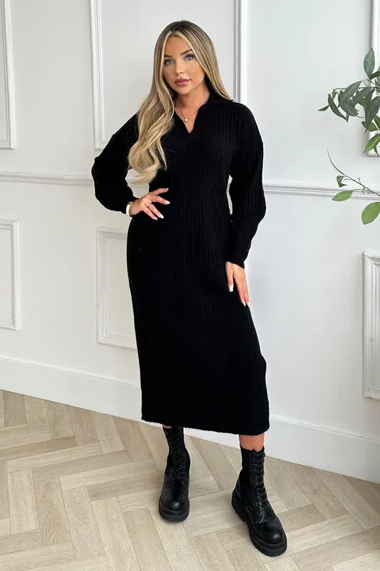 Black Knit Long Sleeve Collared Midi Dress - AX Paris