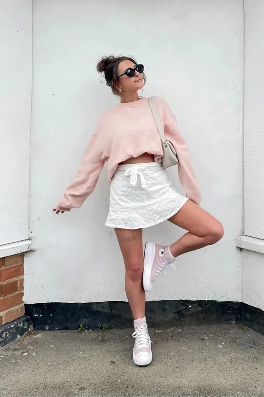Embroidered High Waist Mini Skirt with a Belt - Hiccup
