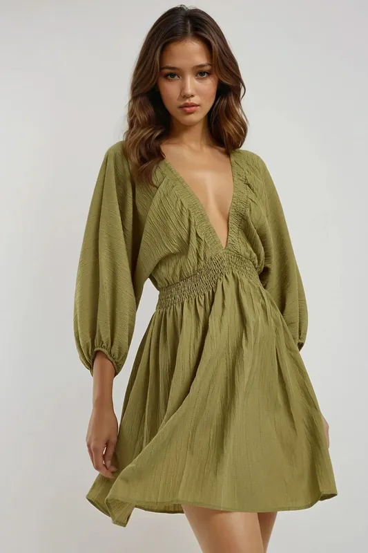 Textured V-Neck Long Sleeve Mini Dress