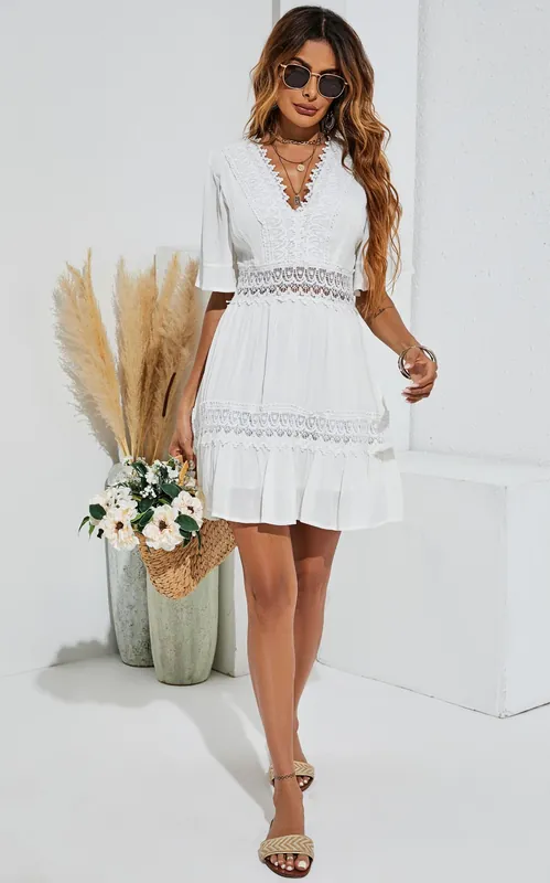 V Neck Lace Mini Dress In Ivory White - FS Collection