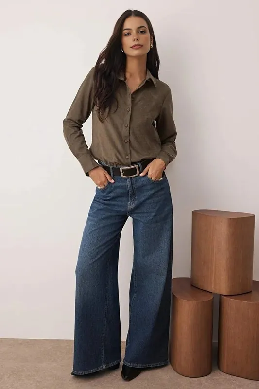 Suede Button-Up Long Sleeve Shirt