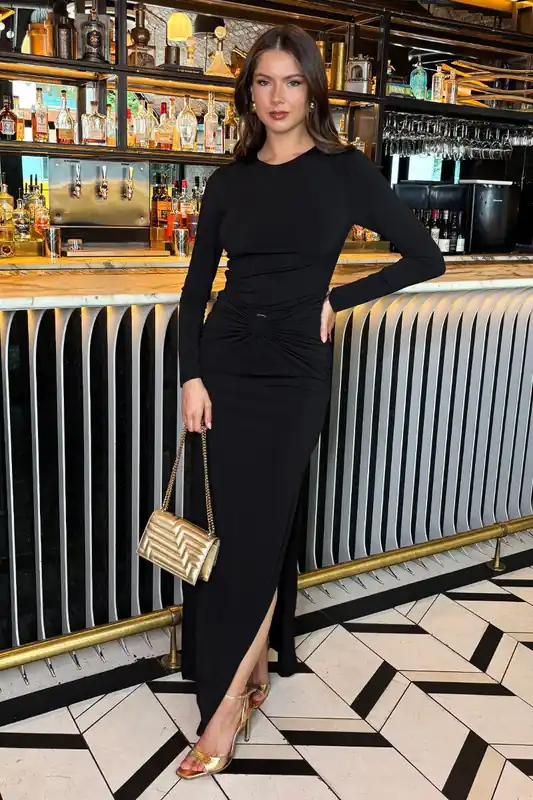 Black Long Sleeve O-Ring Detail Bodycon Midi Dress