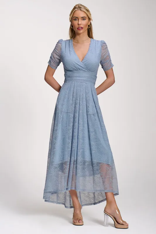 Lace Ruched Sleeve Dip Hem Maxi Dress - Jolie Moi