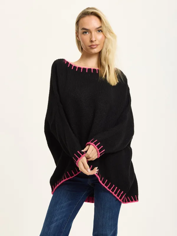Black Wool Blend Jumper Neon Pink Trim - Liquorish