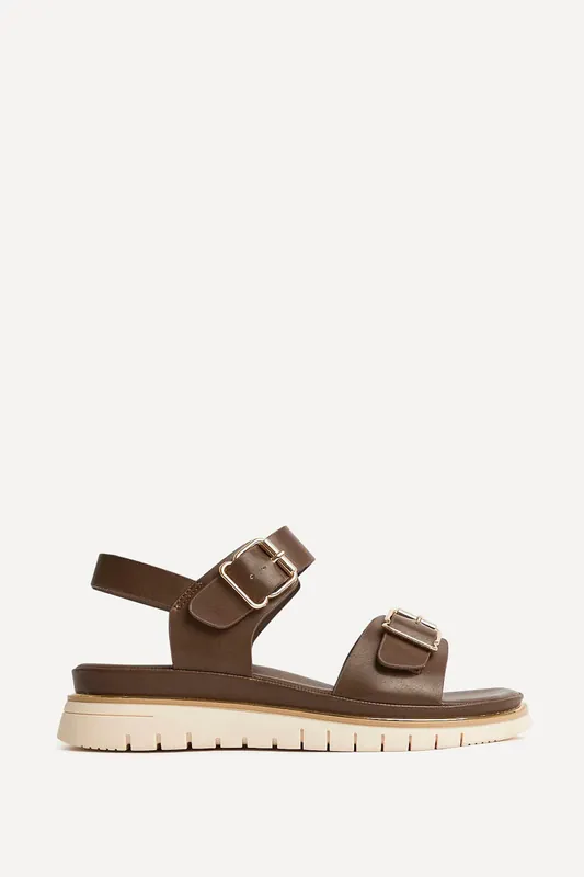 Karis Brown Double Buckle Flat Sandals - Linzi