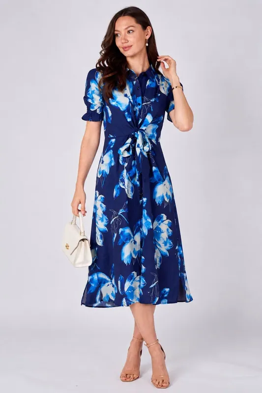 Navy Blue Floral Print Tie Front Midi Shirt Dress - Love Sunshine