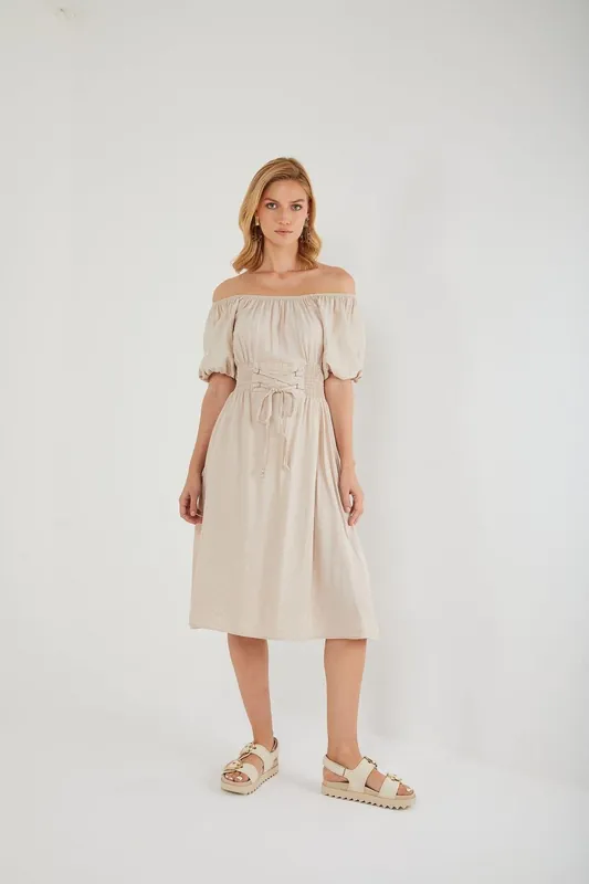 Off-Shoulder Puff Sleeve Midi Dress with Lace-Up Waist