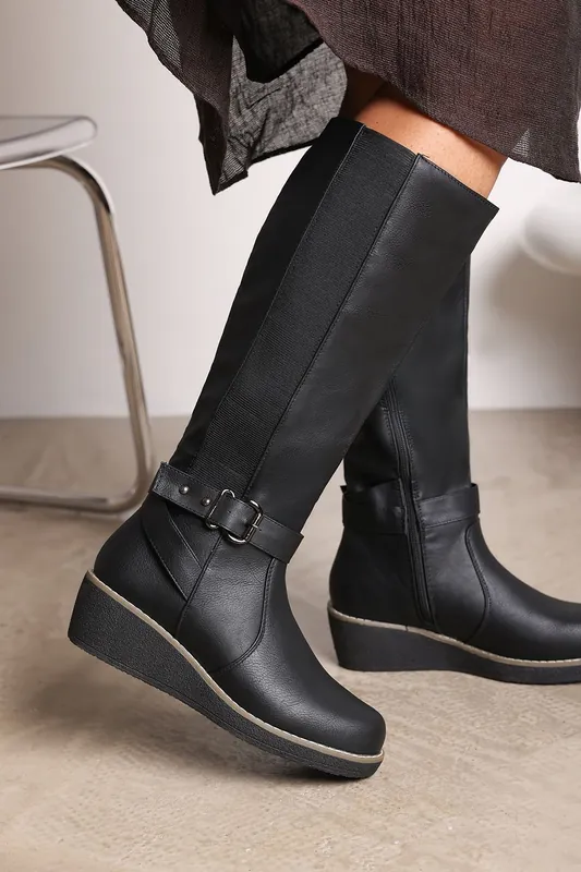 Regina' Wide Fit Faux Leather Knee High Wedge Boots - Where's That From