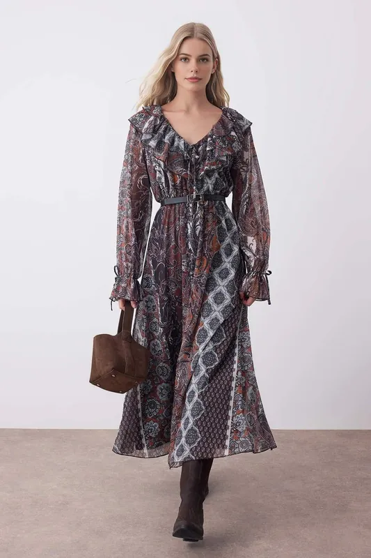 Printed Ruffle Detail Midi Stretch Knit Dress - WOVCOR