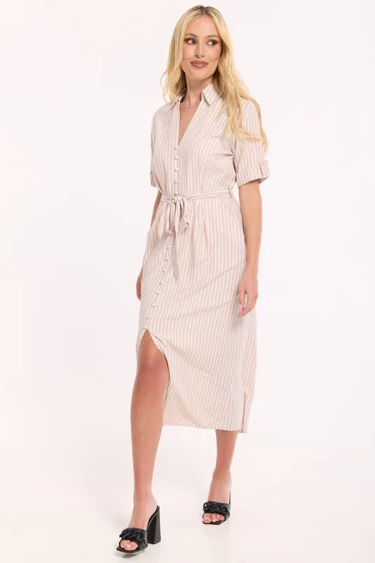 Beige Stripe Button Midi Shirt Dress - Liquorish