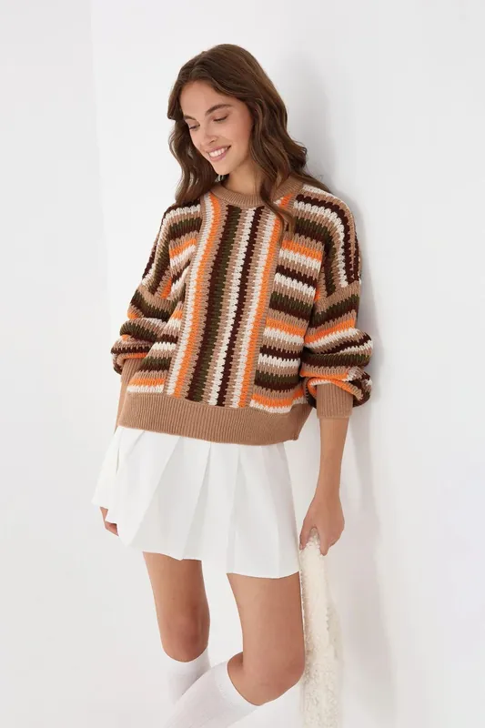 Oversized Crew Neck Striped Sweater - Hiccup
