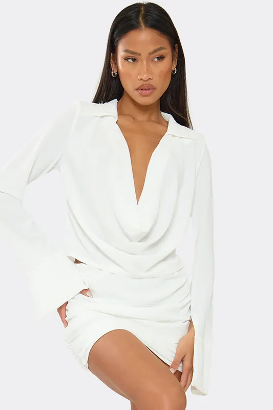 Long Sleeve Cowl Neck Textured Top - EGO