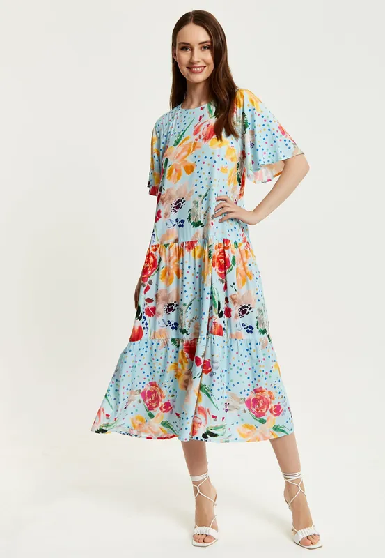 Blue Floral Print Maxi Smock Dress - Liquorish