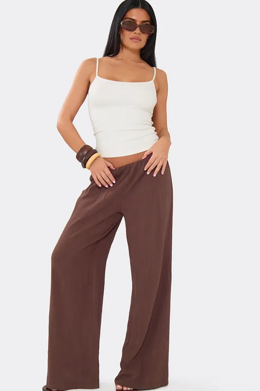 Wide Leg Linen Low Rise Trousers - EGO