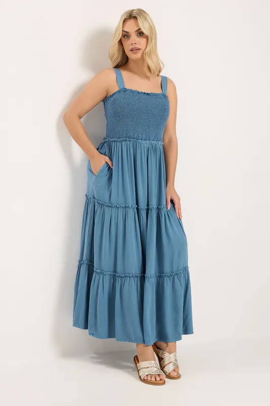 Shirred Strappy Chambray Maxi Dress - Yours