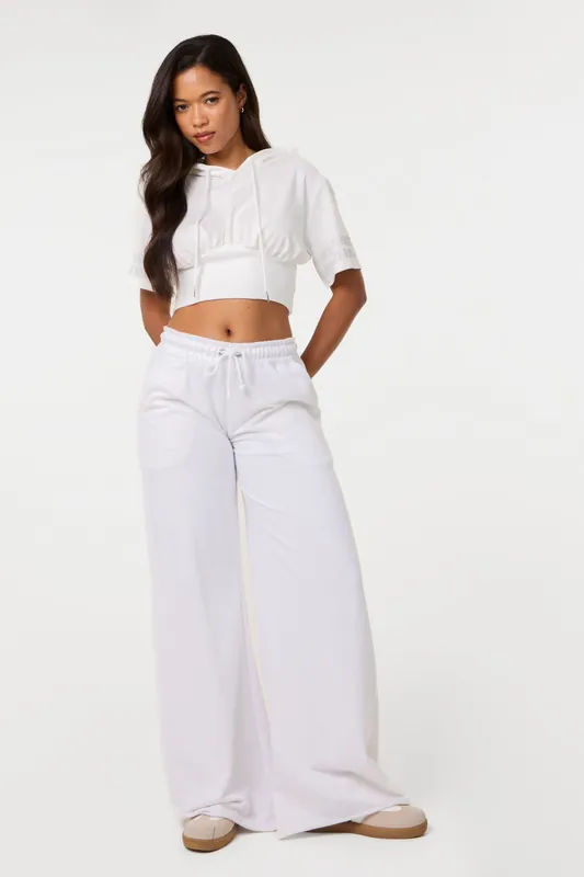 White Cropped Diamante Detail Hoodie - Pink Vanilla