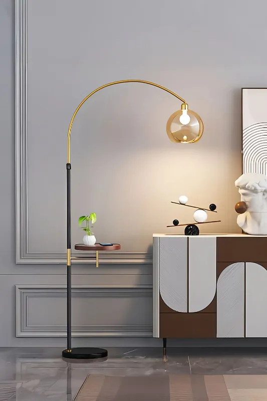 Modern Adjustable Arc Floor Lamp with Wood Tray - Living and Home