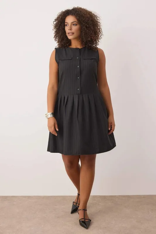 Crew Neck Pinstripe Button Detail Skater Mini Dress - WOVCOR