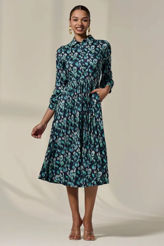 Pleated Button Up Midi Dress - Jolie Moi