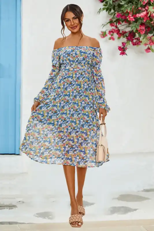 Floral Print Long Sleeve Maxi Dress In Blue - FS Collection