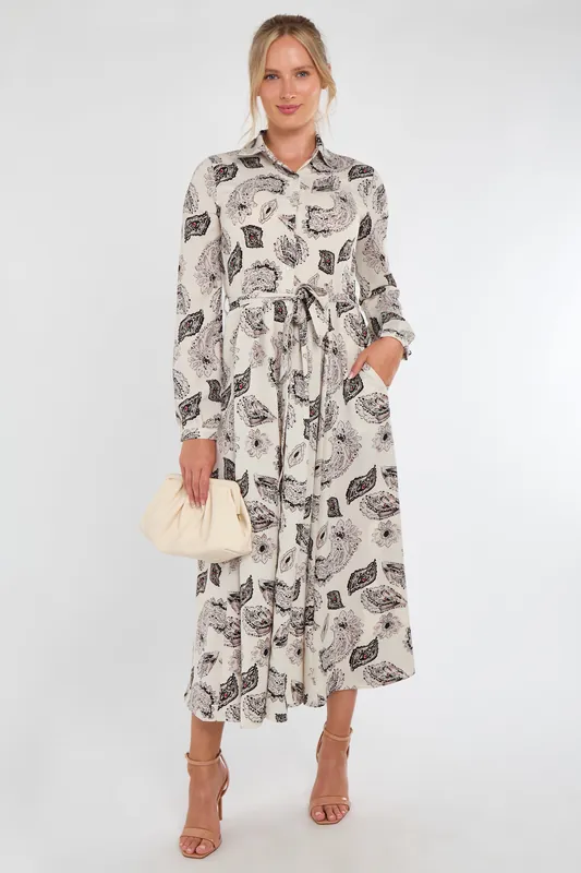 Cream and Black Paisley Print Maxi Shirt Dress - Love Sunshine