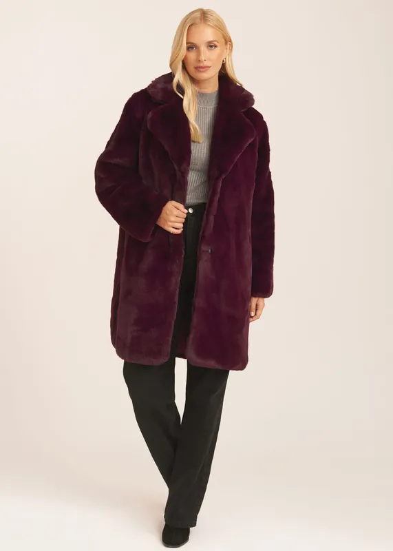 Plum Faux Fur Lapel Collar Coat - Gini London