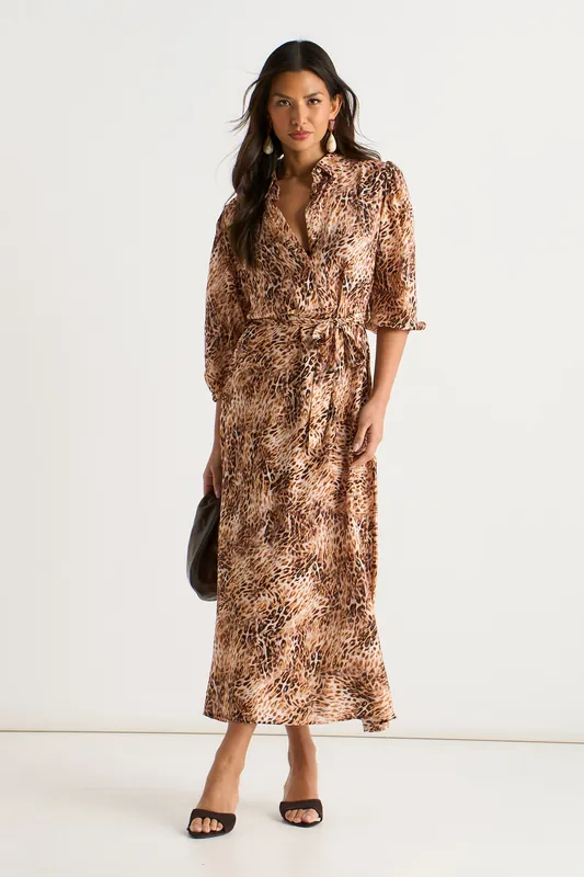 Brown Animal Printed Shirt Midi Dress - Gini London