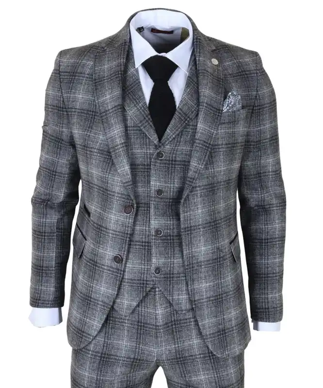 3 Piece Suit Tweed Check 1920s Gatsby Formal Dress Suits - TruClothing