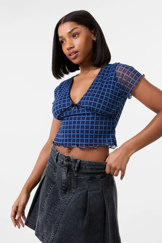 Check Cap Sleeve Crop Top - Pink Vanilla