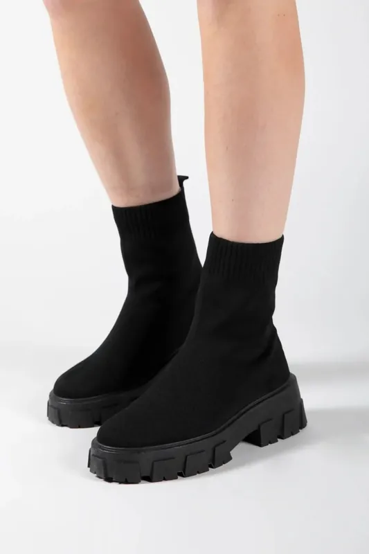 Cleated Pull On Knit Chunky Sole Sock Ankle Boots - Femme Luxe