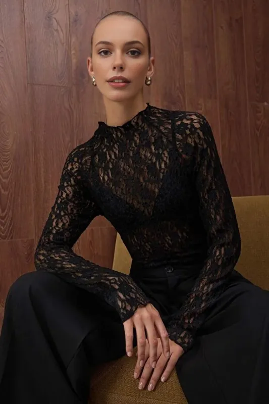 Long Sleeve Sheer Lace High Neck Fitted Knit Top - WOVCOR