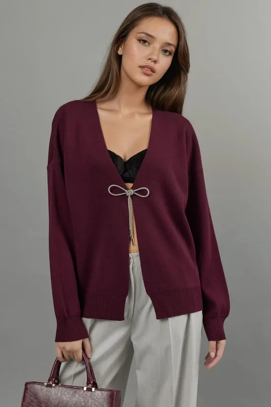V-Neck Knitwear Cardigan with Bow Detail