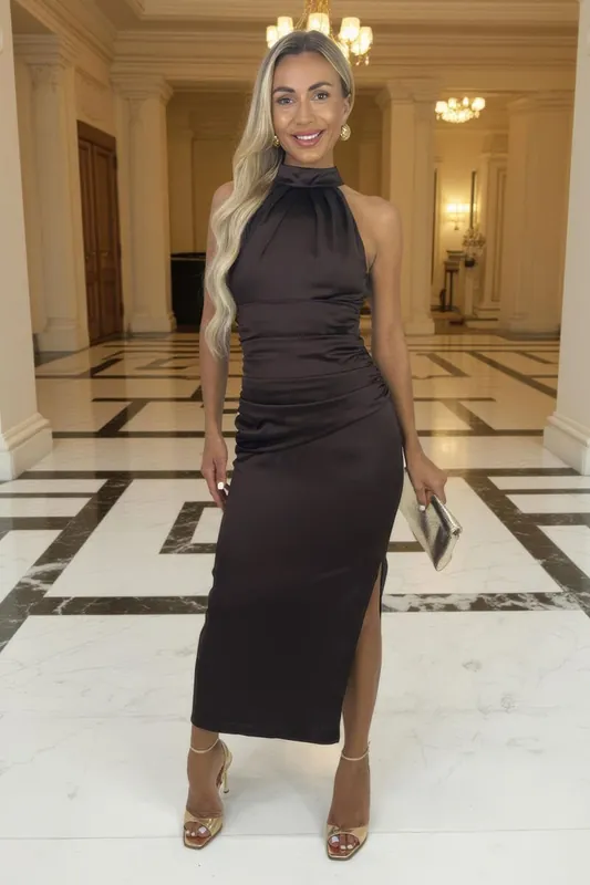 Chocolate Halter Neck Draped Waist Midi Dress - AX Paris