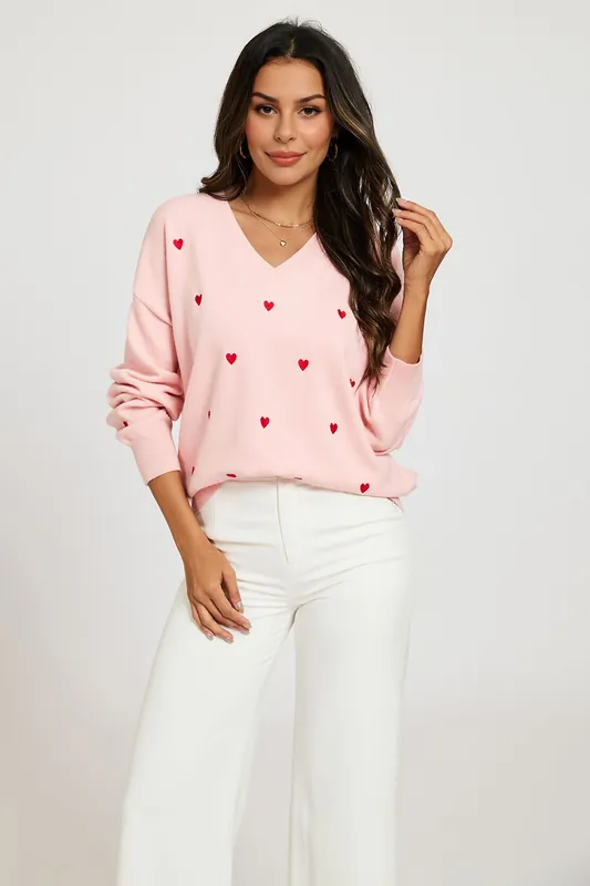 Embroidery Heart V-Neck Knitted Jumper