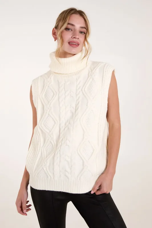 Roll Neck Cable Knit Vest - Blue Vanilla