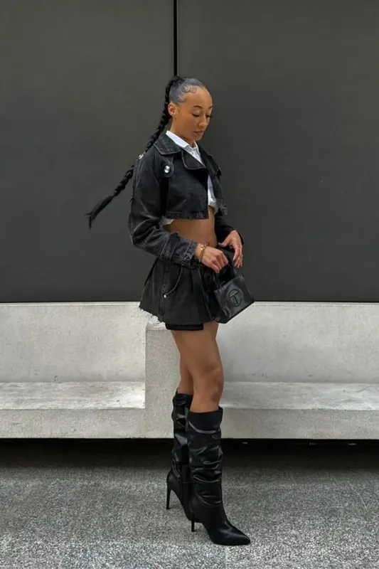 Denim Mid Rise Pleated Mini Skirt with a Belt Detail - Hiccup