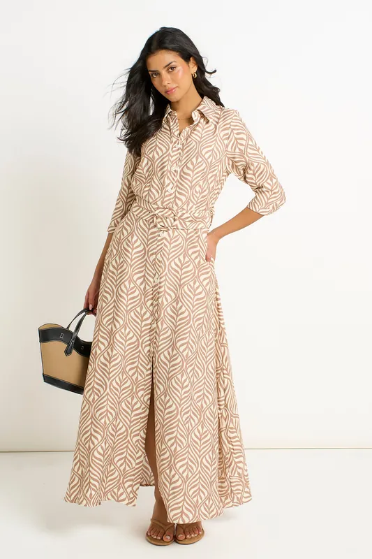 Beige Belted Shirt Maxi Dress - Gini London